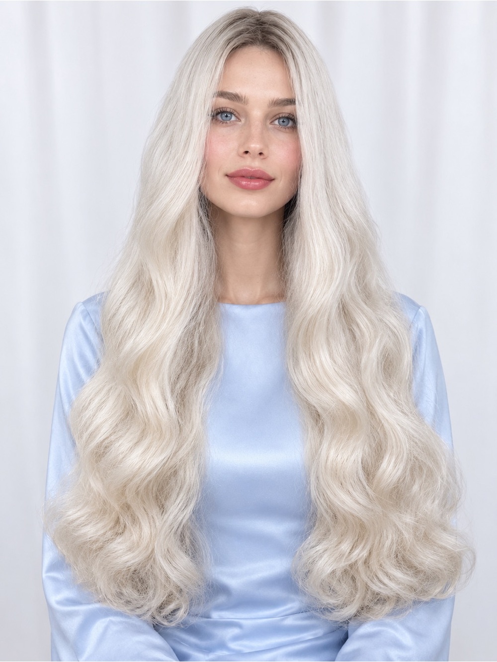 40” Human Hair Blend Soft Wavy Front Lace Roots Platinum Blonde Heat Resistant